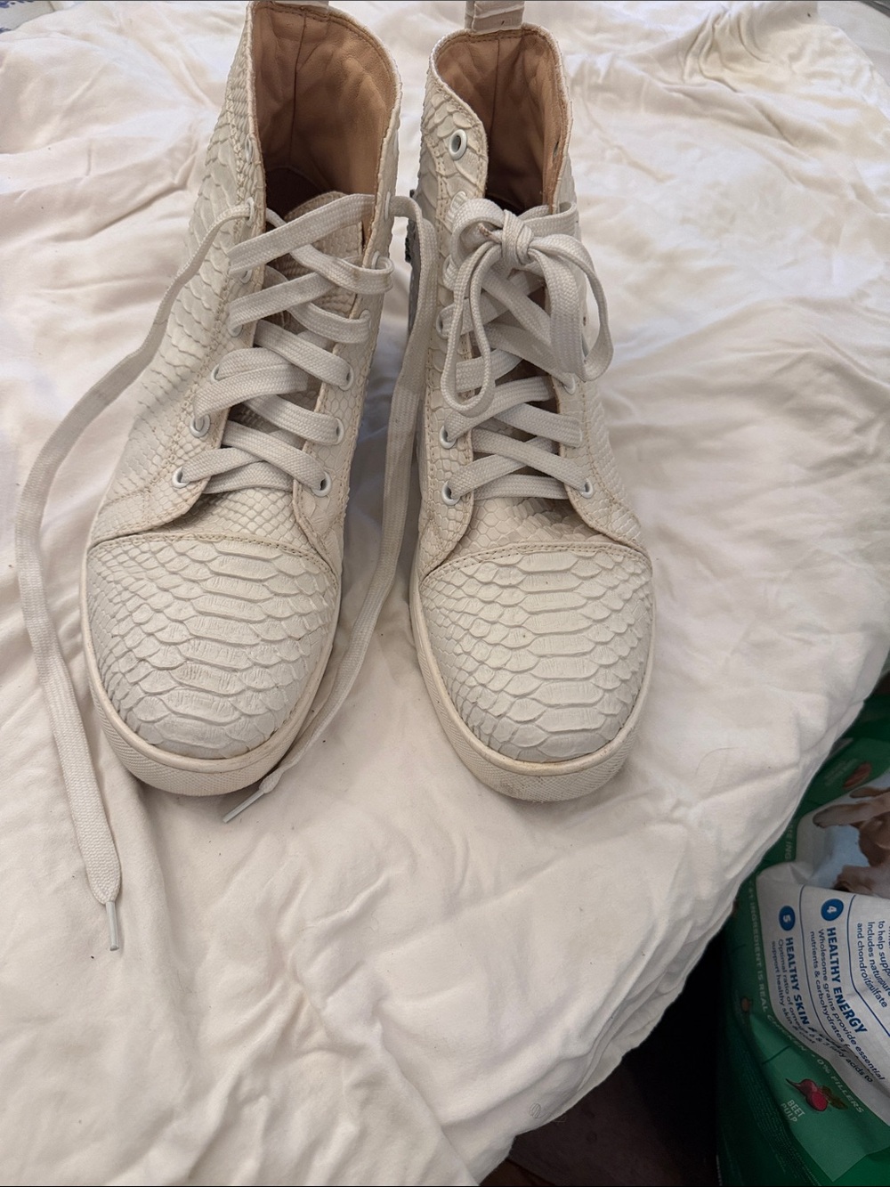 Christian Louboutin White Python-Texture High-Top Sneakers